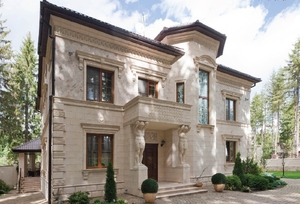 Облицовка фасада травертином и гранитом #1645567